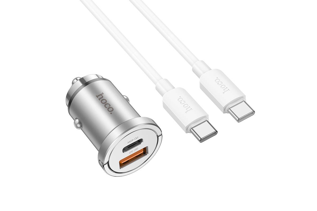 Автомобильное зарядное устройство АЗУ USB + Type-C + кабель Type-C HOCO NZ10 Handy PD45W + QC3.0 (серебристый)