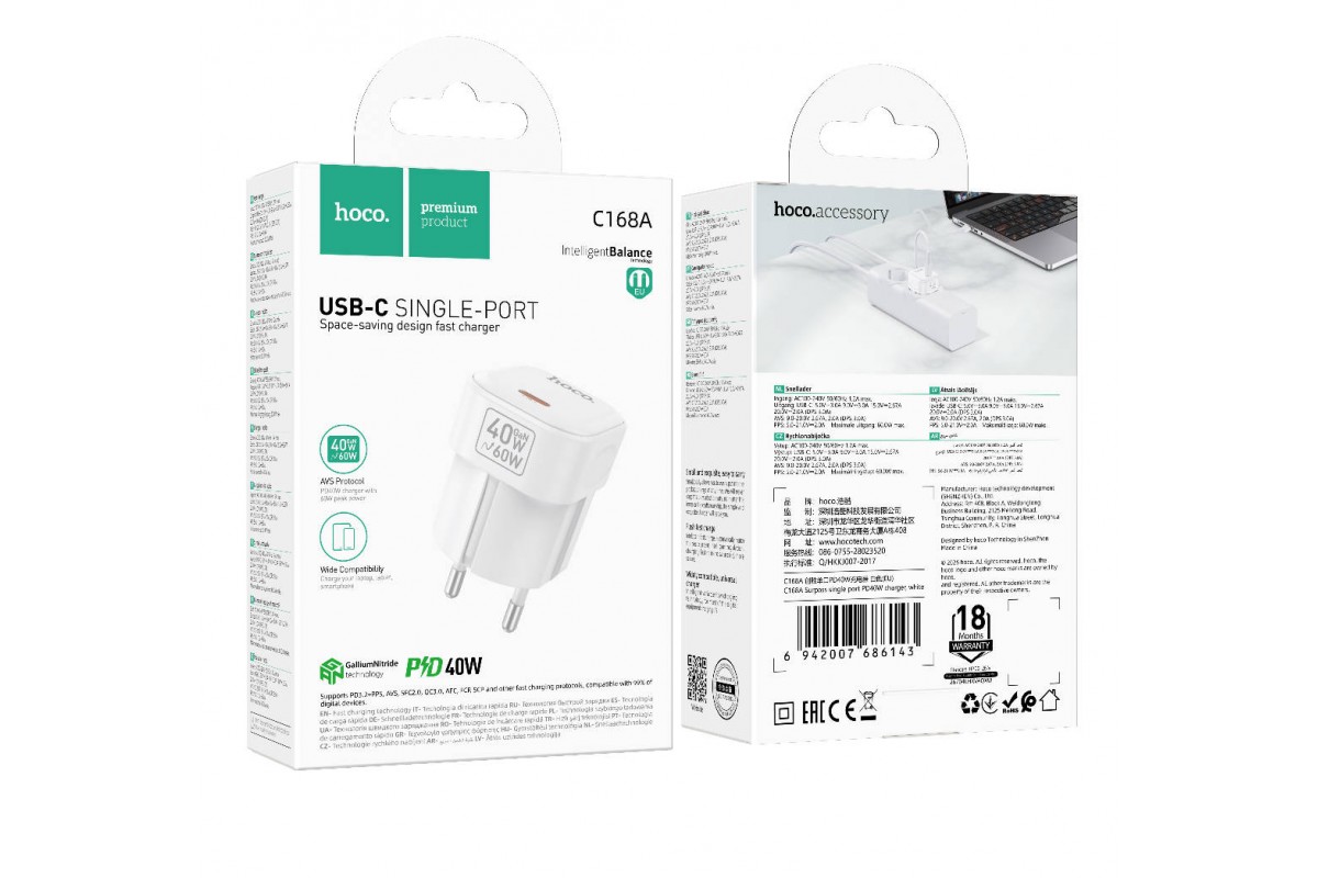 Сетевое зарядное устройство USB-C HOCO C168A Surpass PD40W (белый)