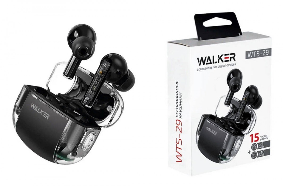 Наушники вакуумные беспроводные WALKER WTS-29, независ. работа наушников, черные