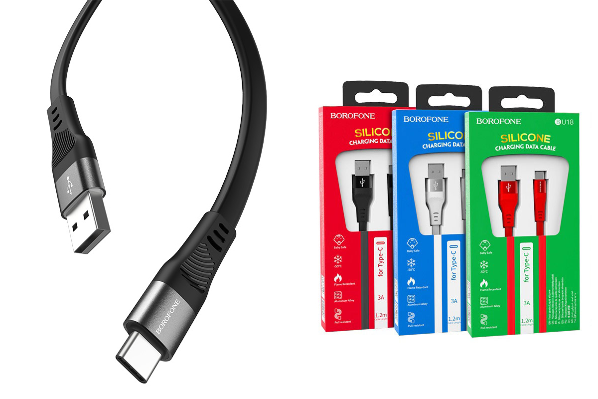 Кабель USB BOROFONE BU18 Crown Silicone Charging data Cable for Type-C (черный) 1 метр