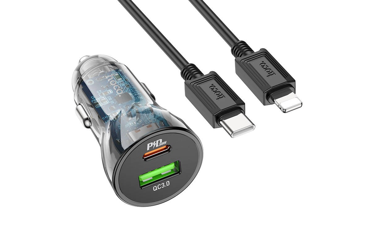 Автомобильное зарядное устройство АЗУ USB + Type-C + кабель Lightning HOCO Z47A Discovery Edition PD+QC3.0 (черный прозрачный)