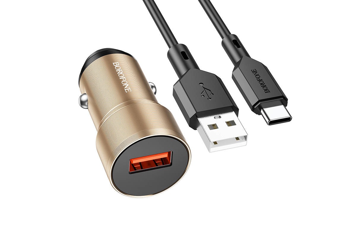 Автомобильное зарядное устройство АЗУ USB + кабель Type-C Borofone BZ19A QC3.0 (золотой)