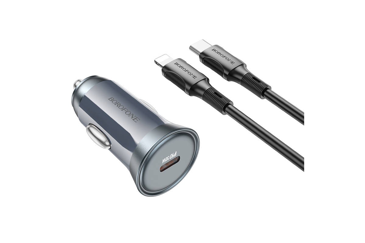 Автомобильное зарядное устройство АЗУ USB-C + кабель Lightning BOROFONE BZ26 PD30W (серый)