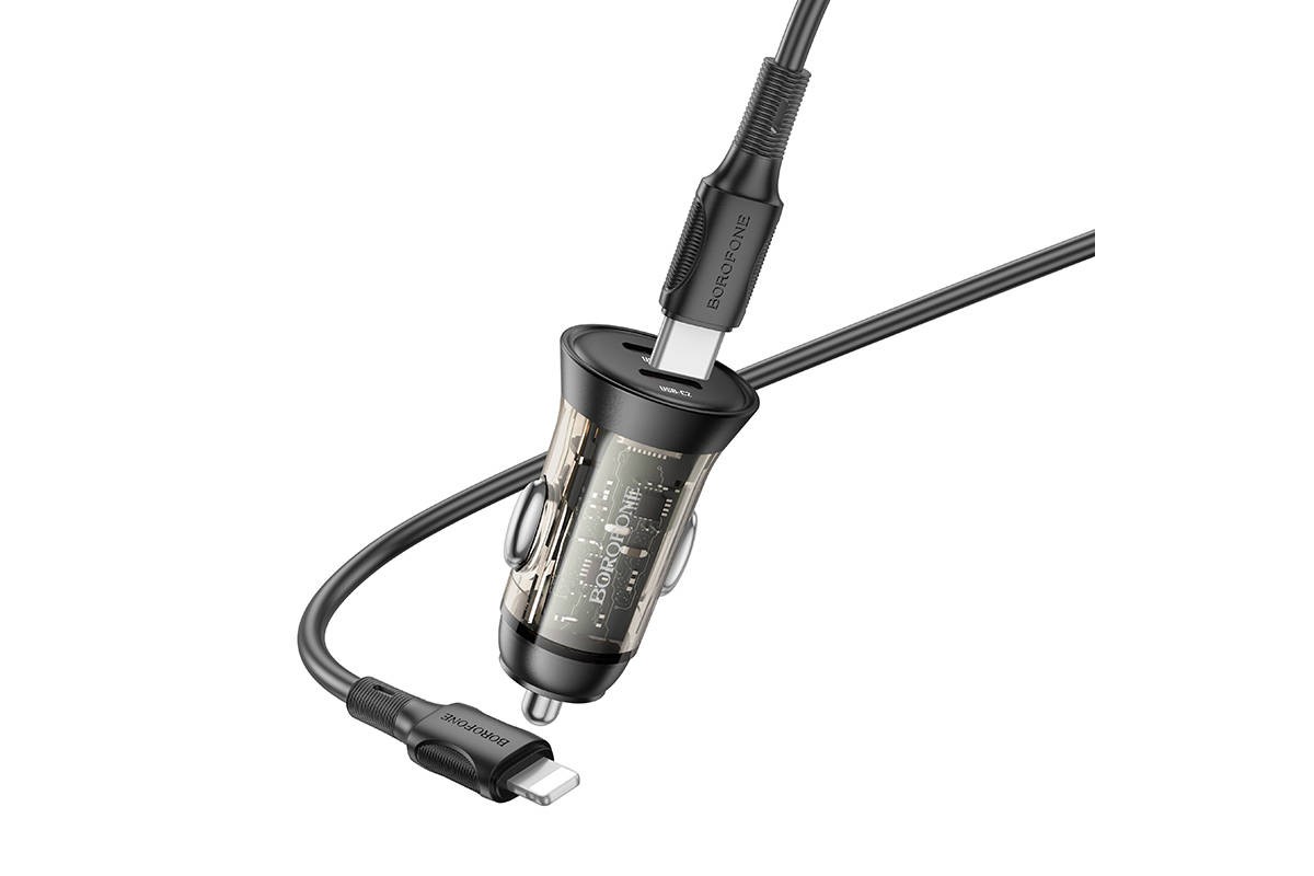 Автомобильное зарядное устройство АЗУ 2USB-C + кабель Lightning BOROFONE BZ26 PD45W (черный прозрачный)