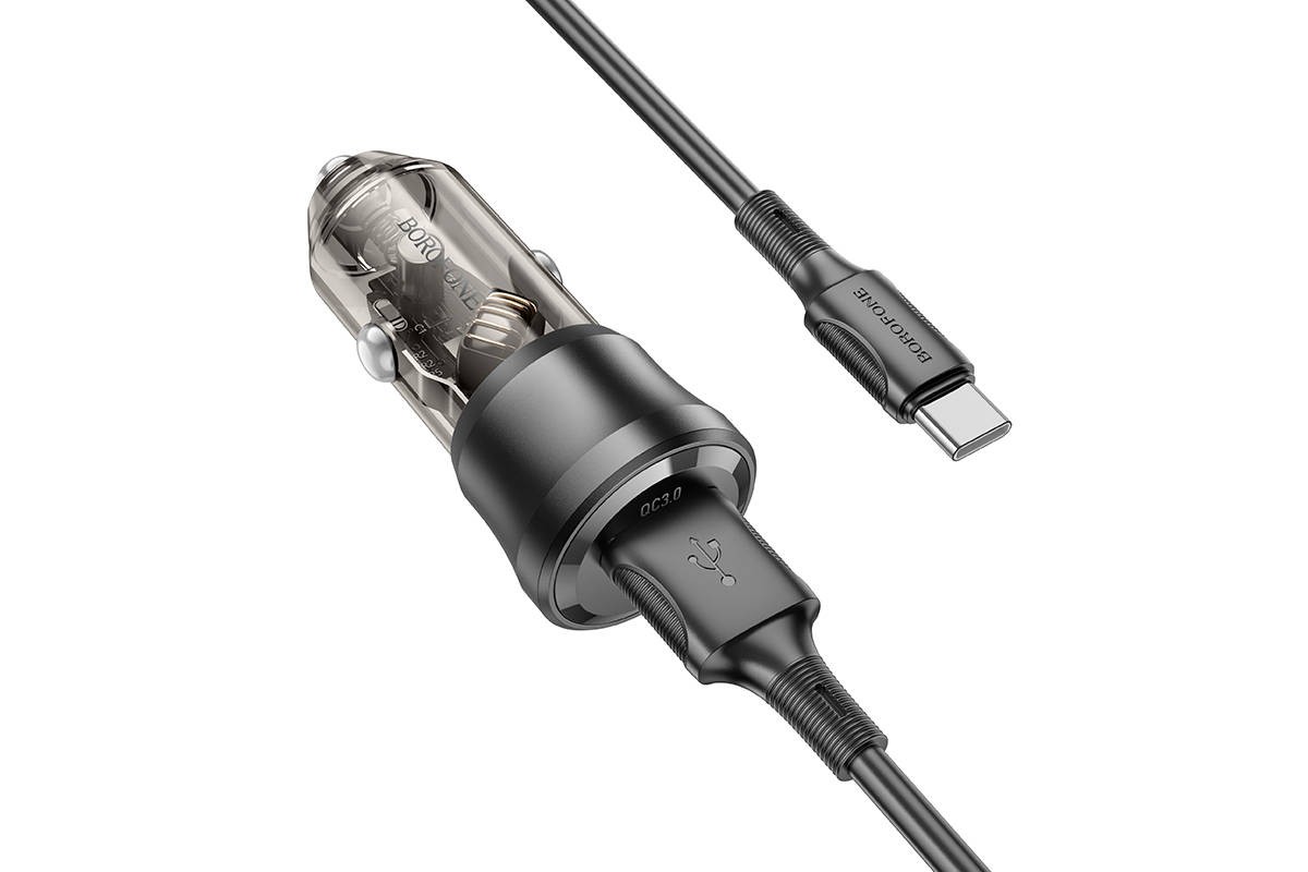 Автомобильное зарядное устройство АЗУ USB + кабель Type-C Borofone BZ23 QC3.0 (черный прозрачный)