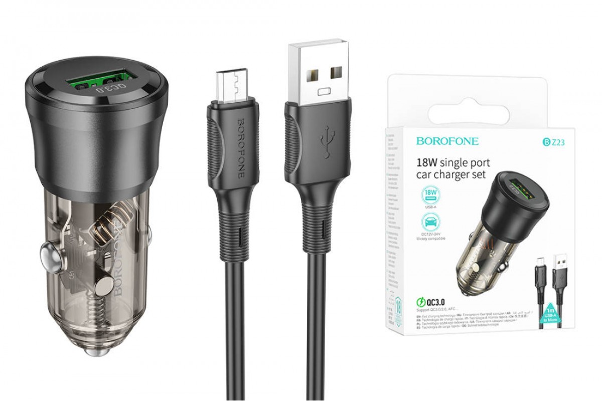 Автомобильное зарядное устройство АЗУ USB + кабель MicroUSB BOROFONE BZ23 QC3.0 (черный)