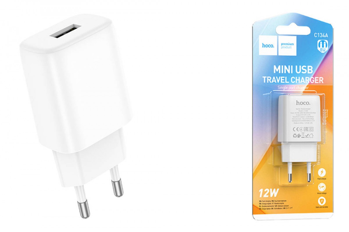 Сетевое зарядное устройство USB HOCO C134A Solid single port 2400mAh (белый)
