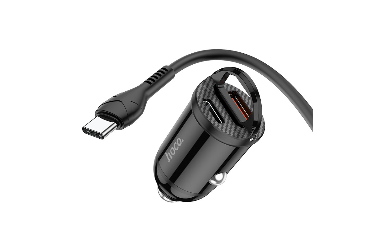 Автомобильное двойное зарядное устройство USB-С HOCO NZ2 + кабель Type-C-Type-C  30W+QC3.0 черный