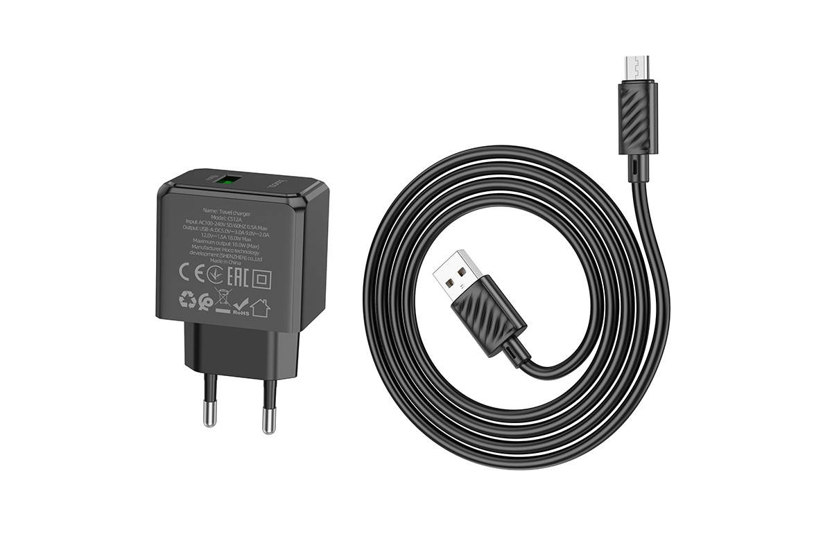 Сетевое зарядное устройство USB + кабель MicroUSB HOCO CS12A  QC3.0 (черный)
