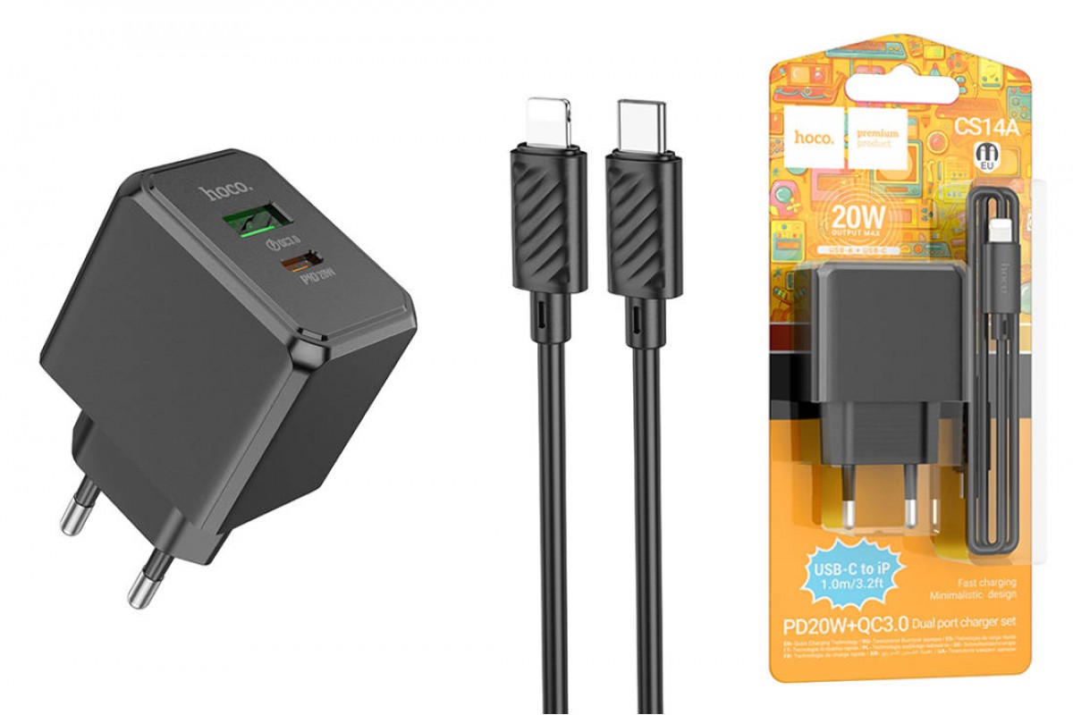 Сетевое зарядное устройство USB + USB-C + кабель Lightning - Type-C HOCO CS14A  PD20W+QC3.0 (черный)