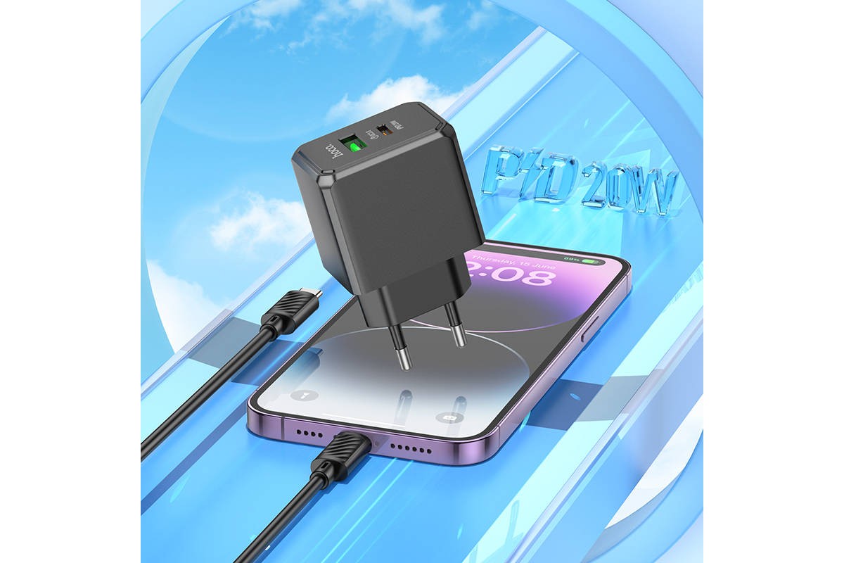 Сетевое зарядное устройство USB + USB-C + кабель Lightning - Type-C HOCO CS14A  PD20W+QC3.0 (черный)