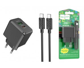 Сетевое зарядное устройство USB+USB-C + кабель Type-C-Type-C HOCO CS14A PD20W + QC3.0 (черный)