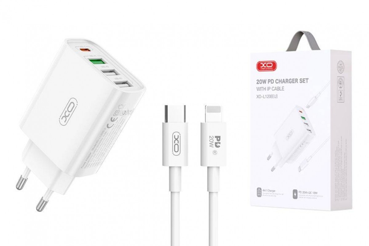 Сетевое зарядное устройство USB + USB-C XO L120 (EU) multi port fast charging charger (USB-C 20W/USB-A 18W) with lightning cable (NB189A) (белый)