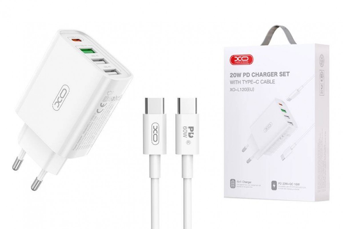 Сетевое зарядное устройство USB + USB-C XO L120 (EU) multi port fast charging charger (USB-C 20W/USB-A 18W) with TYPE-C cable(NB190A) (белый)