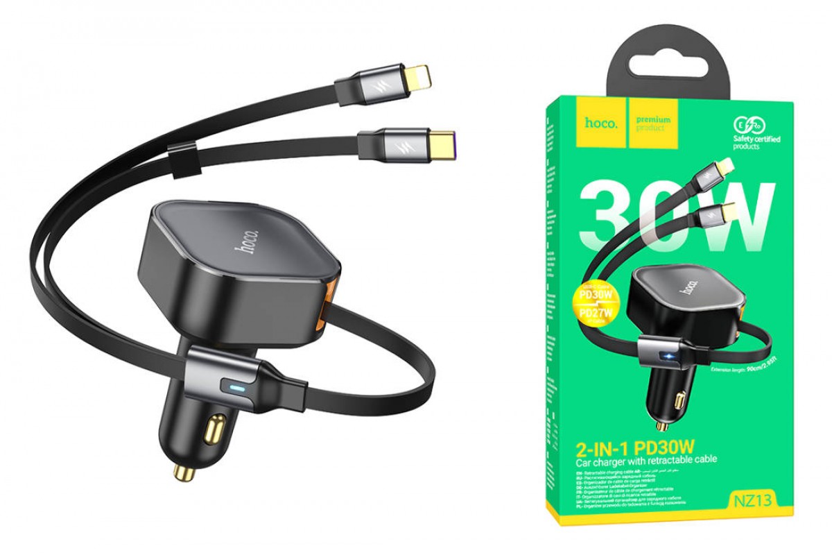 Автомобильное зарядное устройство АЗУ USB-С + универсальный телескопический кабель Type-C /Lightning HOCO NZ13 PD30W (черный)