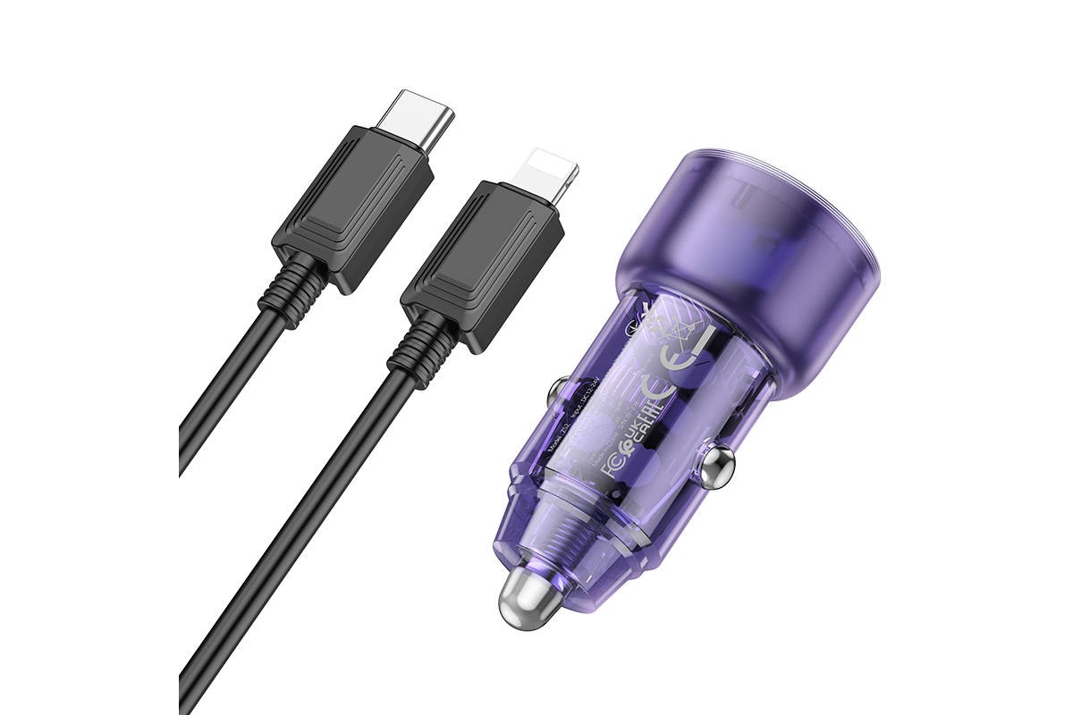 Автомобильное зарядное устройство АЗУ USB + USB-C + кабель Lightning HOCO Z52 Level PD38W+QC3.0 (черный прозрачный)