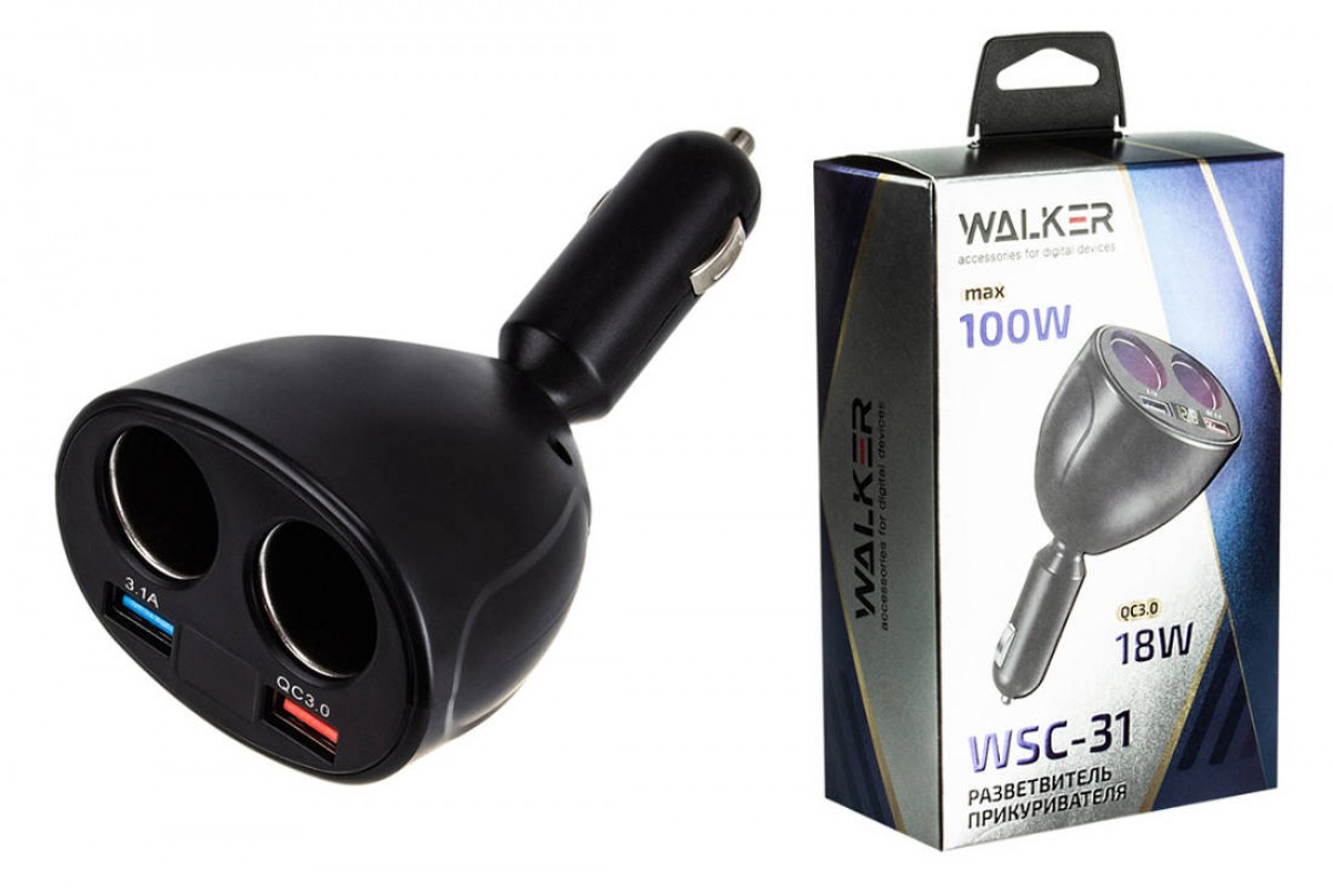 Разветвитель прикуривателя WALKER WSC-31, 100Вт, 2 разъема с дисплеем