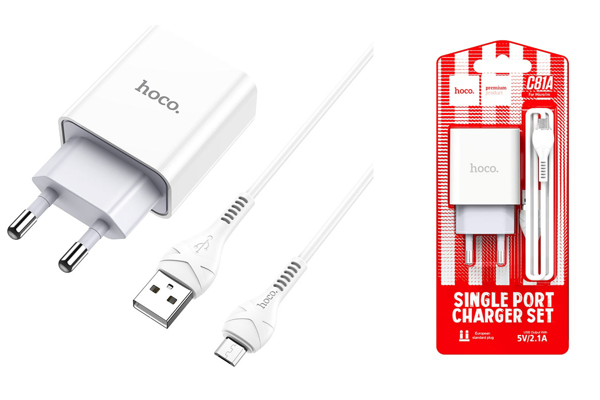 Сетевое зарядное устройство USB 2400 mAh + кабель micro USB HOCO C81А Asombroco single port белый