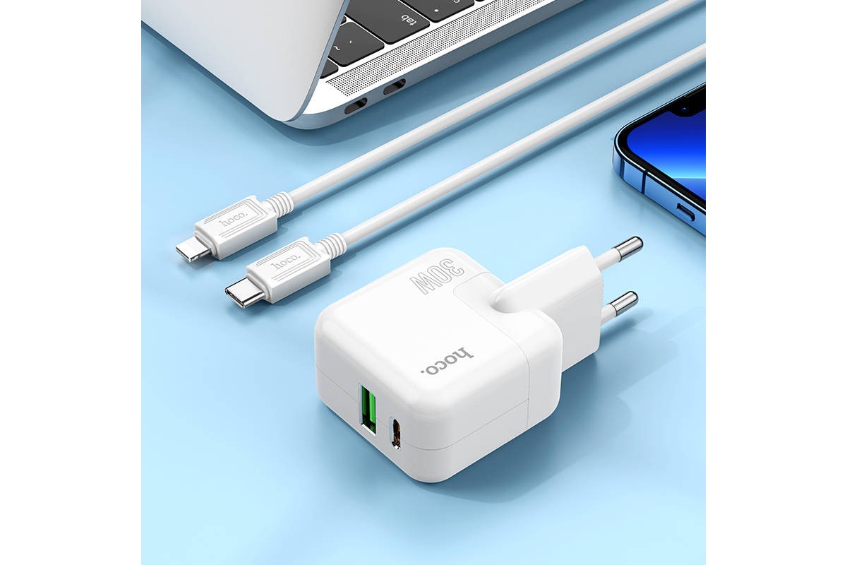 Сетевое зарядное устройство USB + USB-C HOCO C111A Lucky PD30W+ QC3.0 (белый)