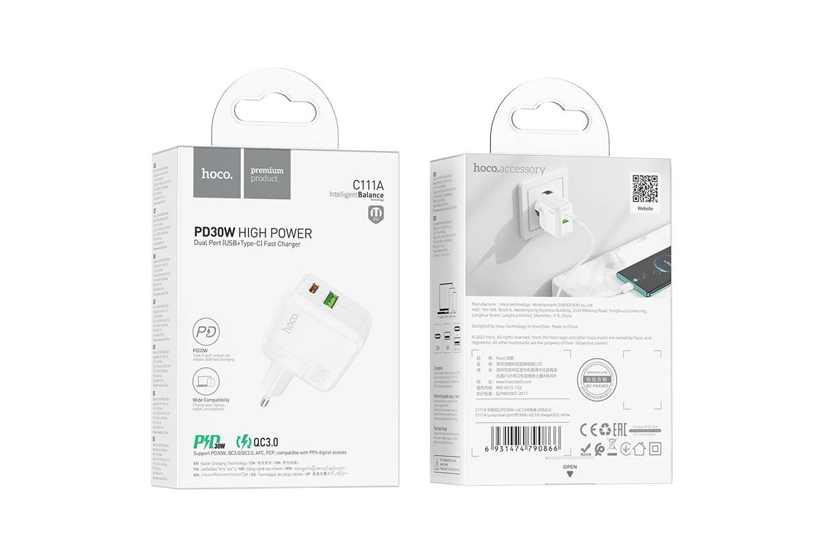 Сетевое зарядное устройство USB + USB-C HOCO C111A Lucky PD30W+ QC3.0 (белый)