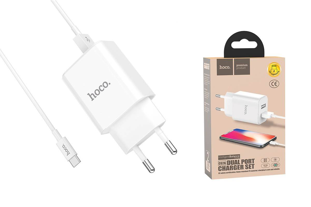 Сетевое зарядное устройство USB + кабель Type-C HOCO C62A Victoria dual port charger set белый