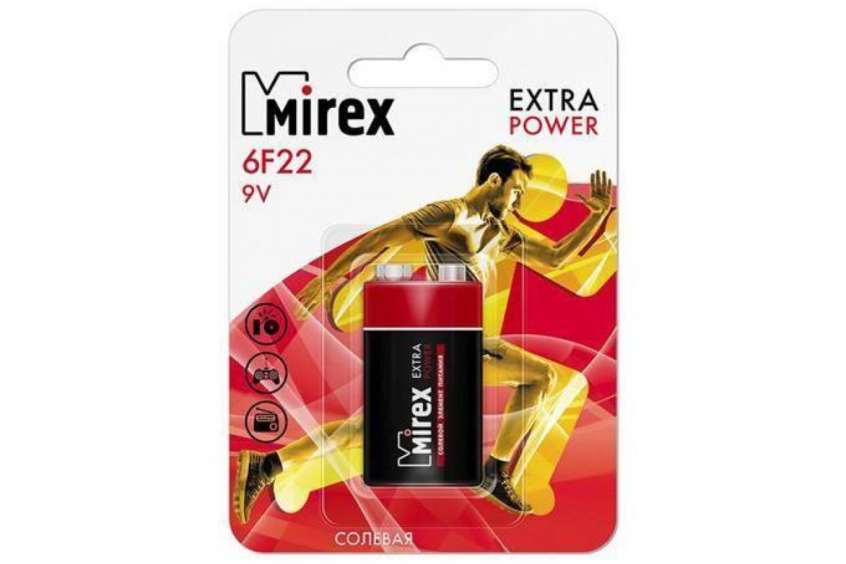 Батарейка солевая Mirex 6F22 / Крона 9V  цена за 1 шт (1/12/240), блистер (23702-6F22-E1)