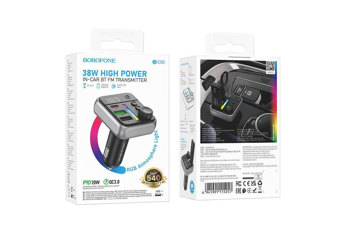 FM-Модулятор BOROFONE BC50 Ascenso PD20W+QC3.0 car BT FM transmitter (черный)