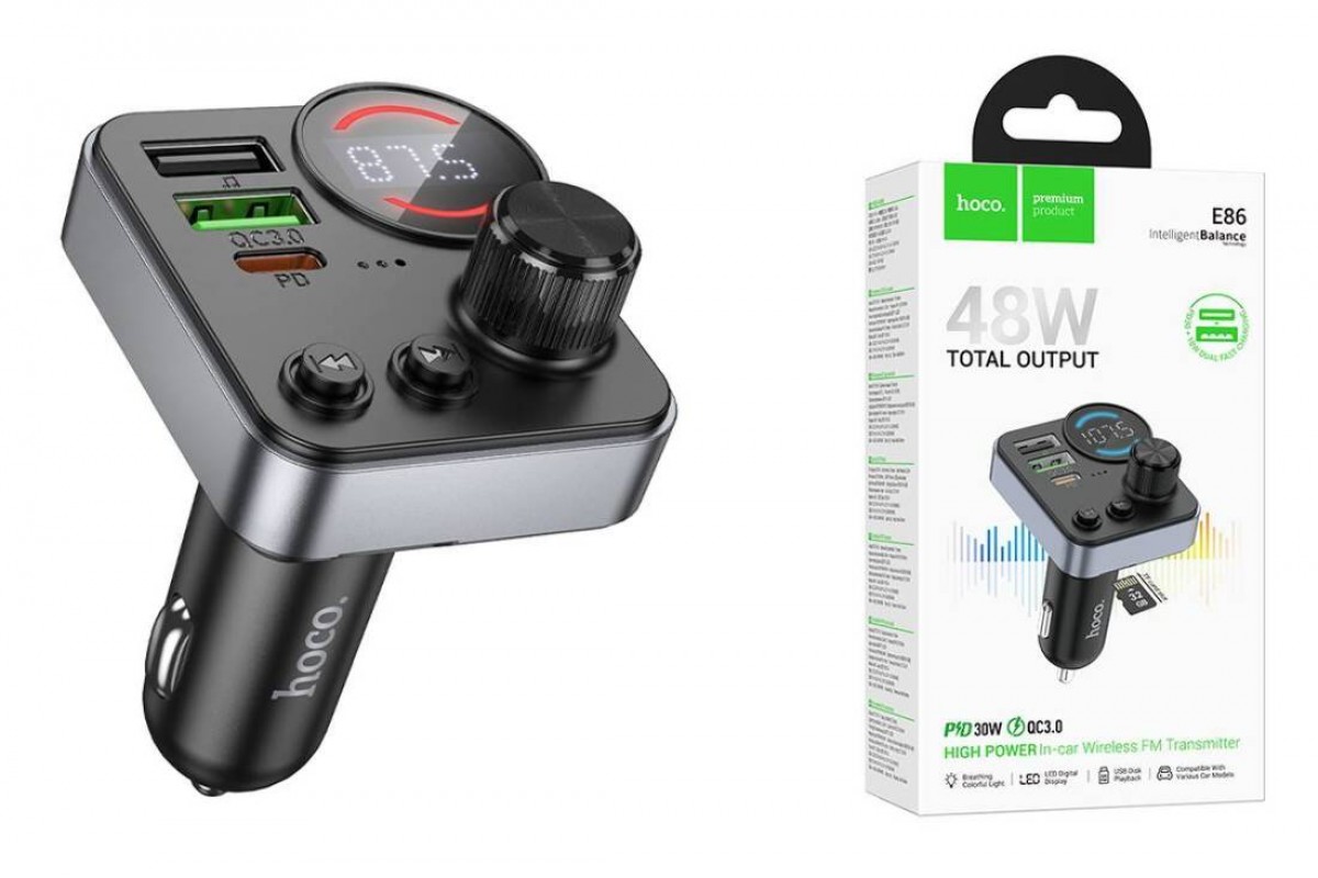 FM-Модулятор HOCO E86 Alegria 48W dual port PD30W+QC3.0 car (черный)