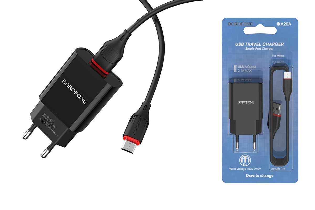Сетевое зарядное устройство USB 2100mAh + кабель micro USB BOROFONE BA20A Sharp single port charger set черный
