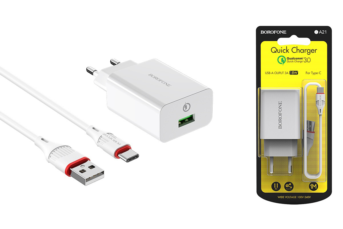 Сетевое зарядное устройство USB + кабель Type-C BOROFONE BA21  single port  QC3.0 charger set белый