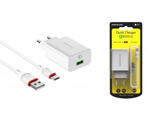 Сетевое зарядное устройство USB + кабель Type-C BOROFONE BA21A QC3.0 (белый)