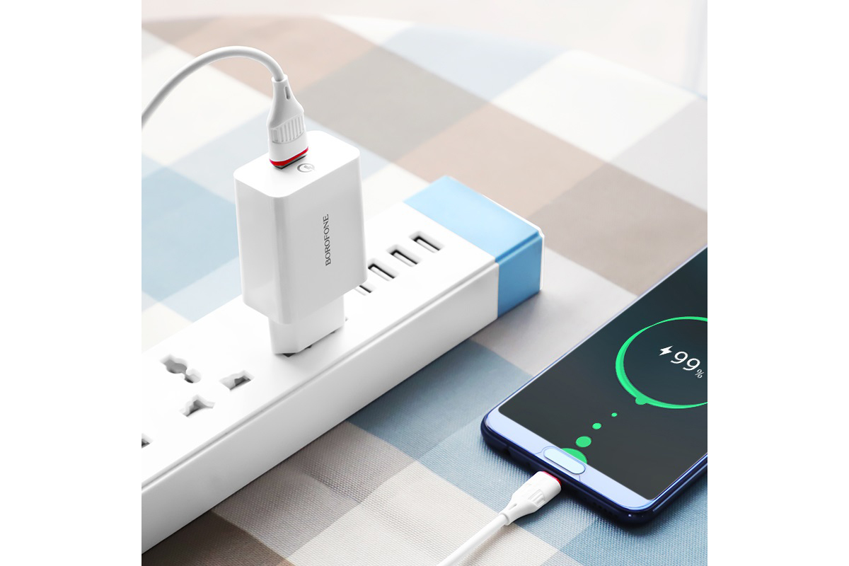 Сетевое зарядное устройство USB + кабель Type-C BOROFONE BA21  single port  QC3.0 charger set белый