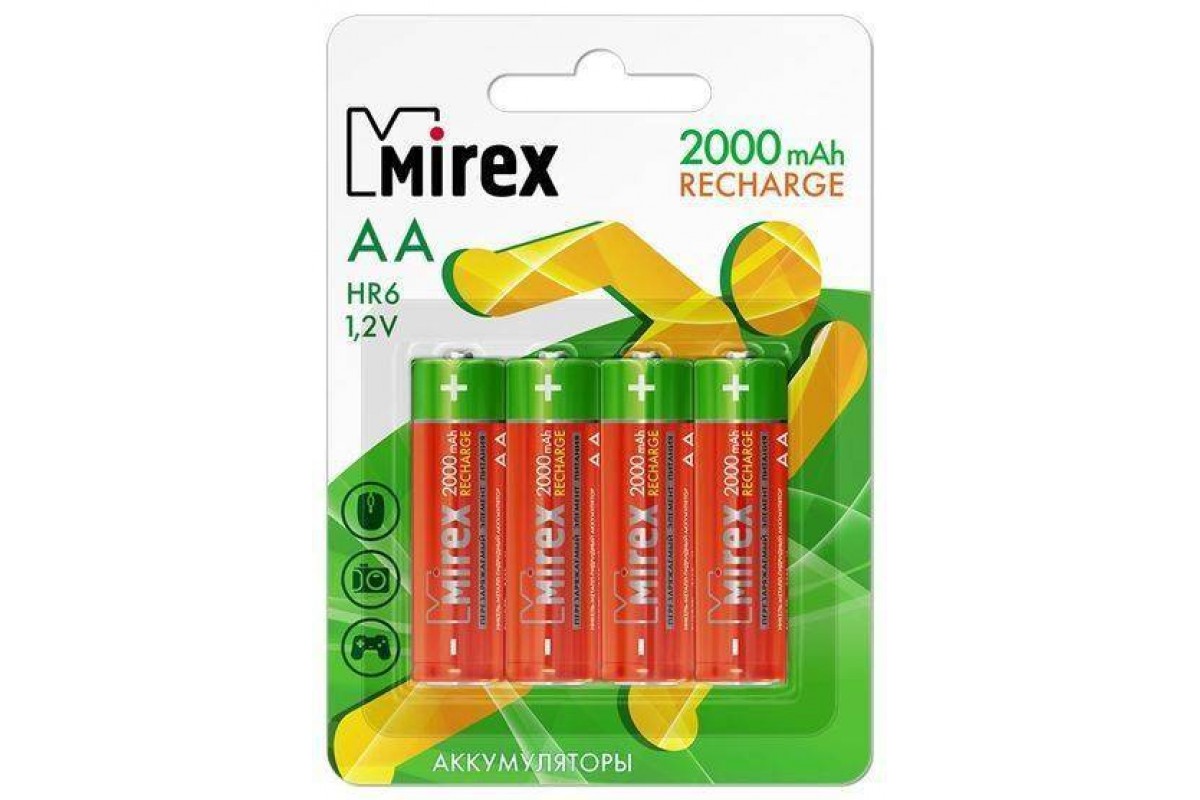 Аккумулятор Ni-MH Mirex HR6 / AA 2000mAh 1,2V цена за 4 шт (4/40/200), блистер (23702-HR6-20-E4)