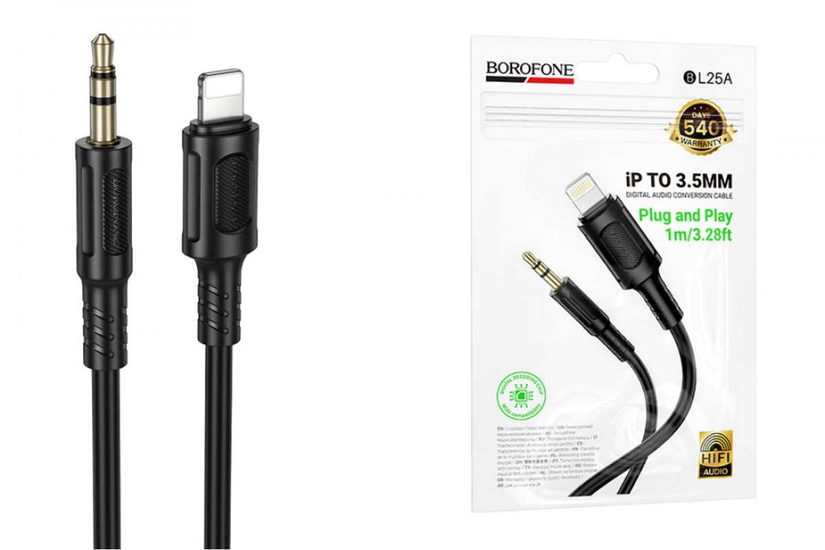 Кабель аудио BOROFONE BL25A AUX аудио кабель/3.5 mm jack - Lightning/ 1m/ черный