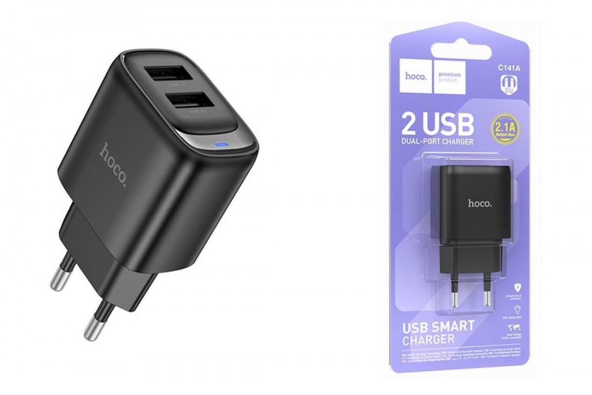 Сетевое зарядное устройство 2USB HOCO C141A Smart 2400mAh (черный)