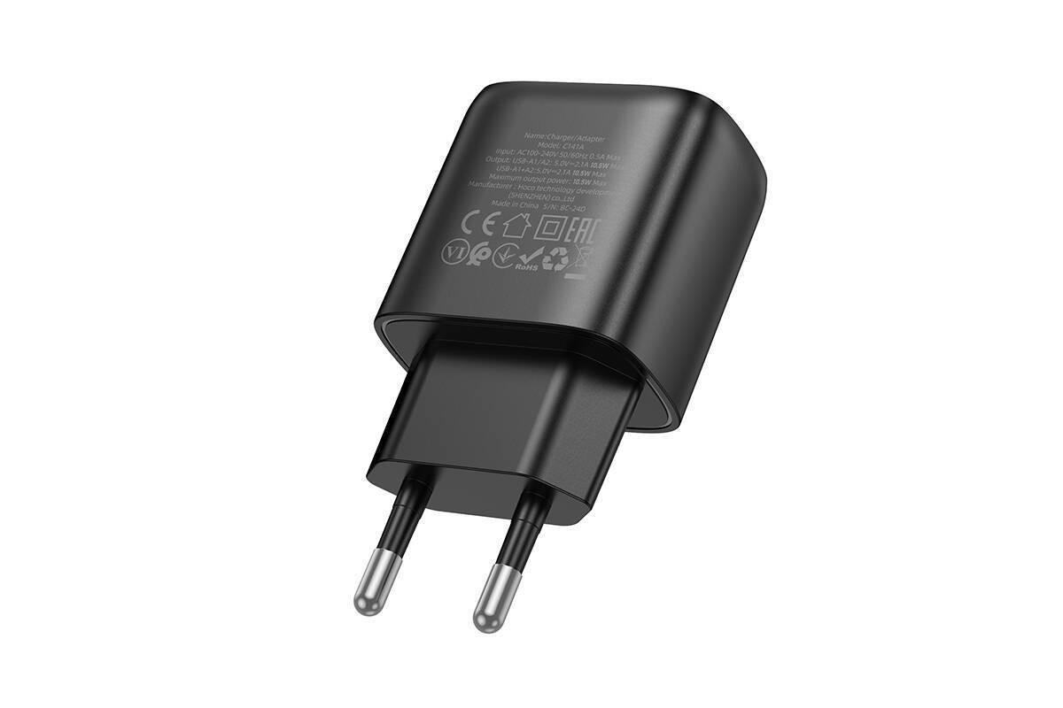 Сетевое зарядное устройство 2USB HOCO C141A Smart 2400mAh (черный)