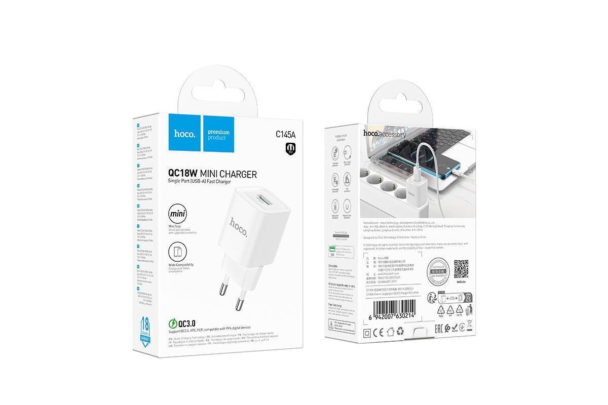 Сетевое зарядное устройство 2USB HOCO C145A Charm single port (один порт)QC3.0 (белый)