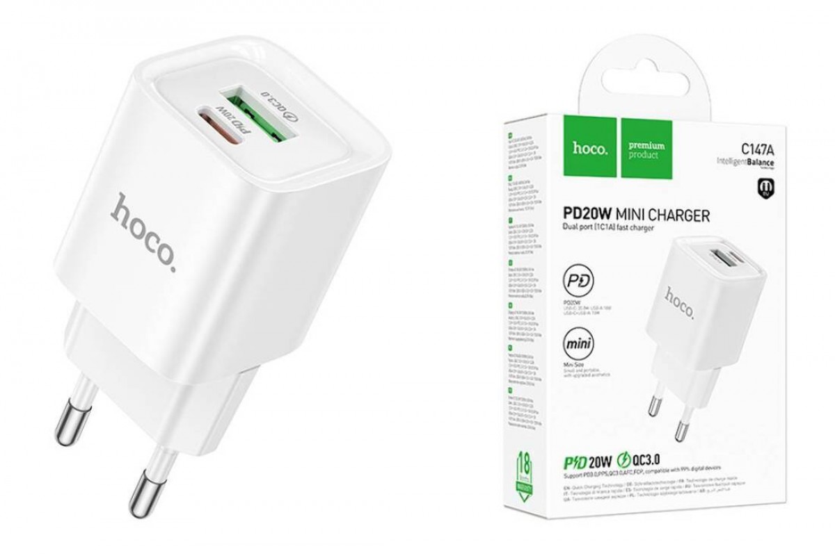 Сетевое зарядное устройство USB + USB-C HOCO C147A Charm PD20W+QC3.0 (белый)