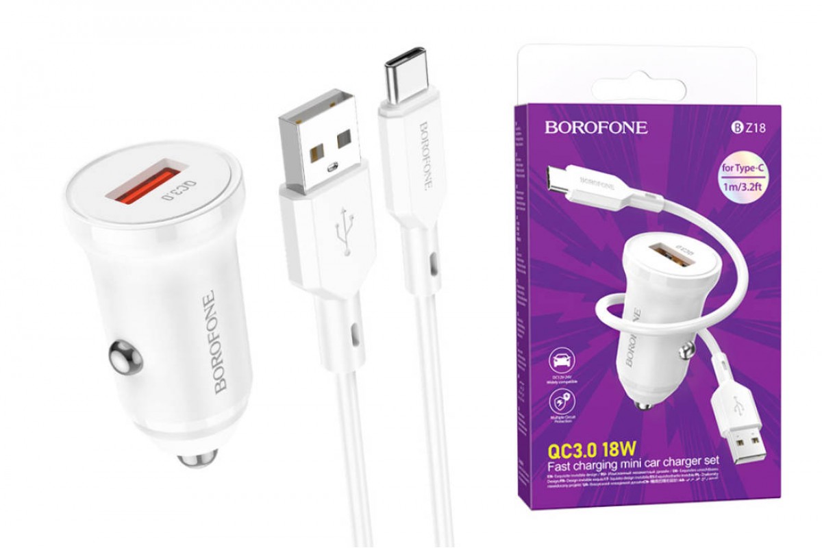 Автомобильное зарядное устройство АЗУ USB + кабель Type-C Borofone BZ18 QC3.0 (белый)