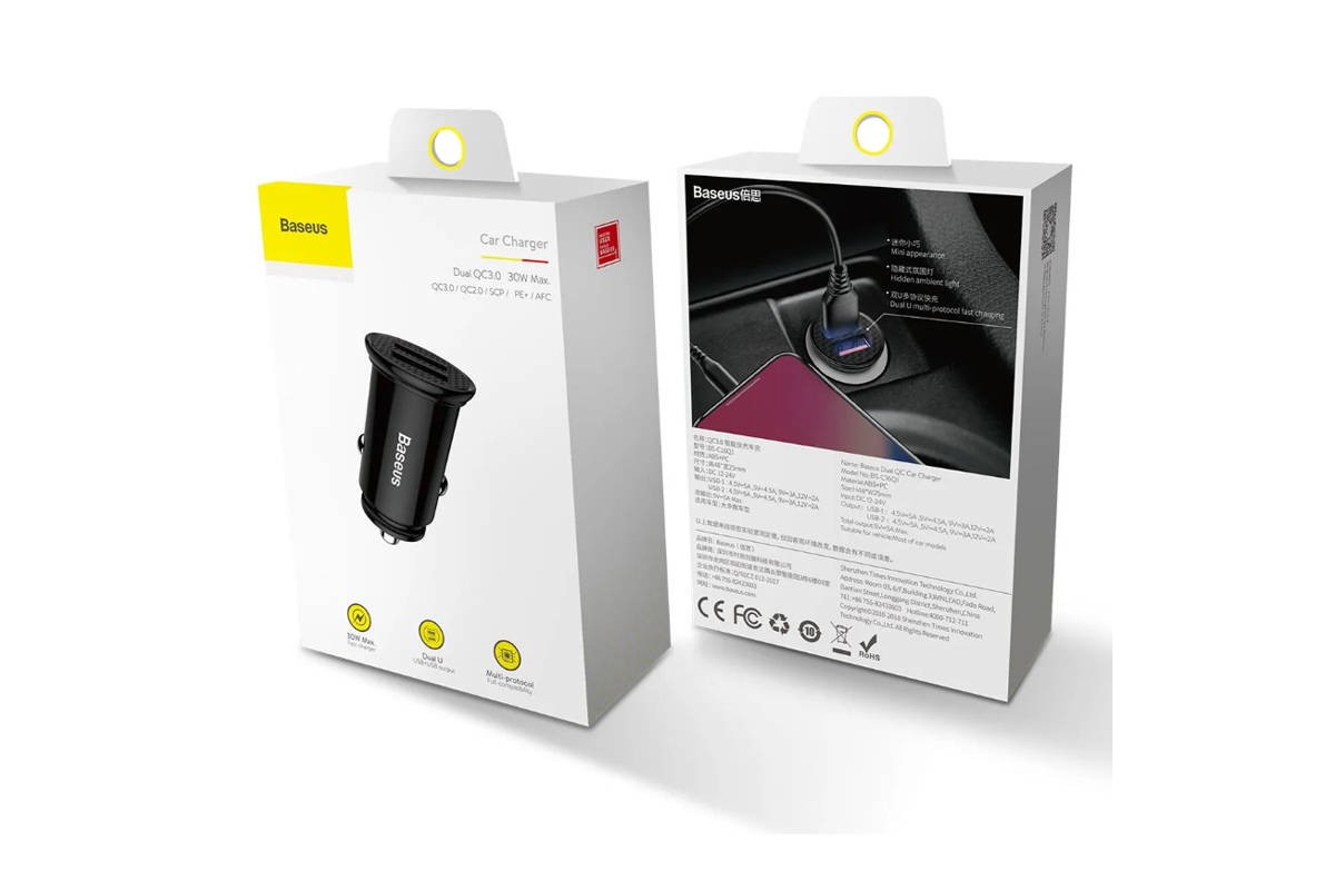 Автомобильное зарядное устройство BASEUS Circular Plastic, 2*USB, 5A, 30 Вт, черный, быстрая зарядка