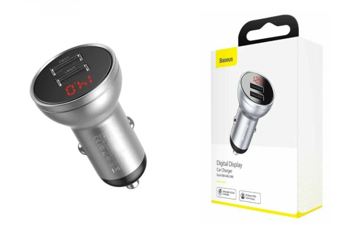 Автомобильное зарядное устройство BASEUS Digital Display Dual, 2*USB, 2.4A, серебристый, дисплей