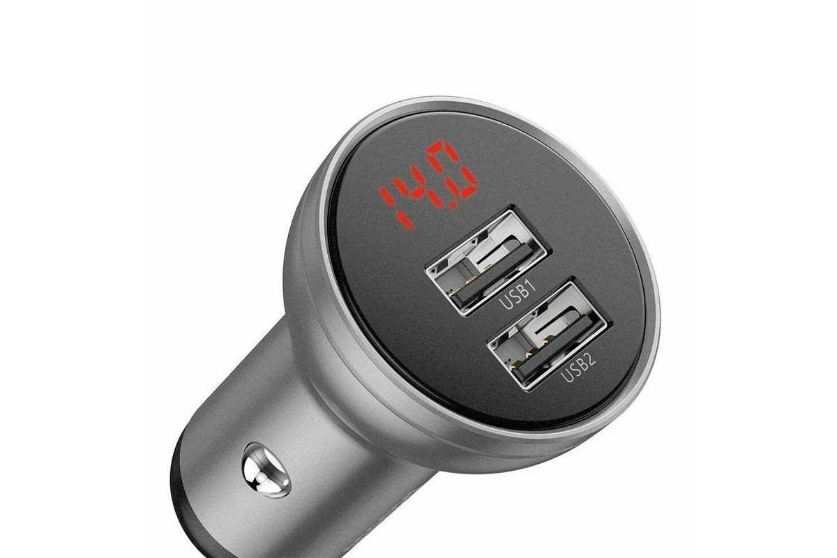 Автомобильное зарядное устройство BASEUS Digital Display Dual, 2*USB, 2.4A, серебристый, дисплей