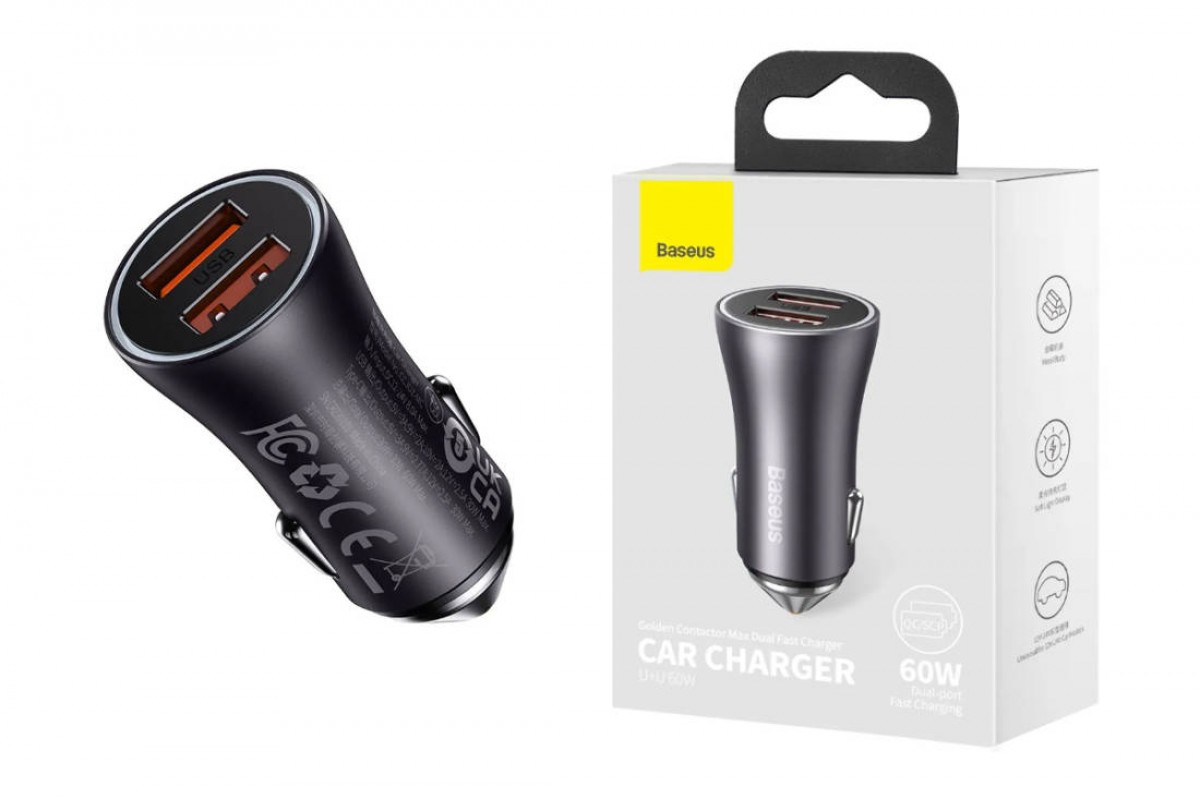 Автомобильное зарядное устройство BASEUS Golden Contactor Max Dual, 2*USB, 8A, 60W, темно-серый