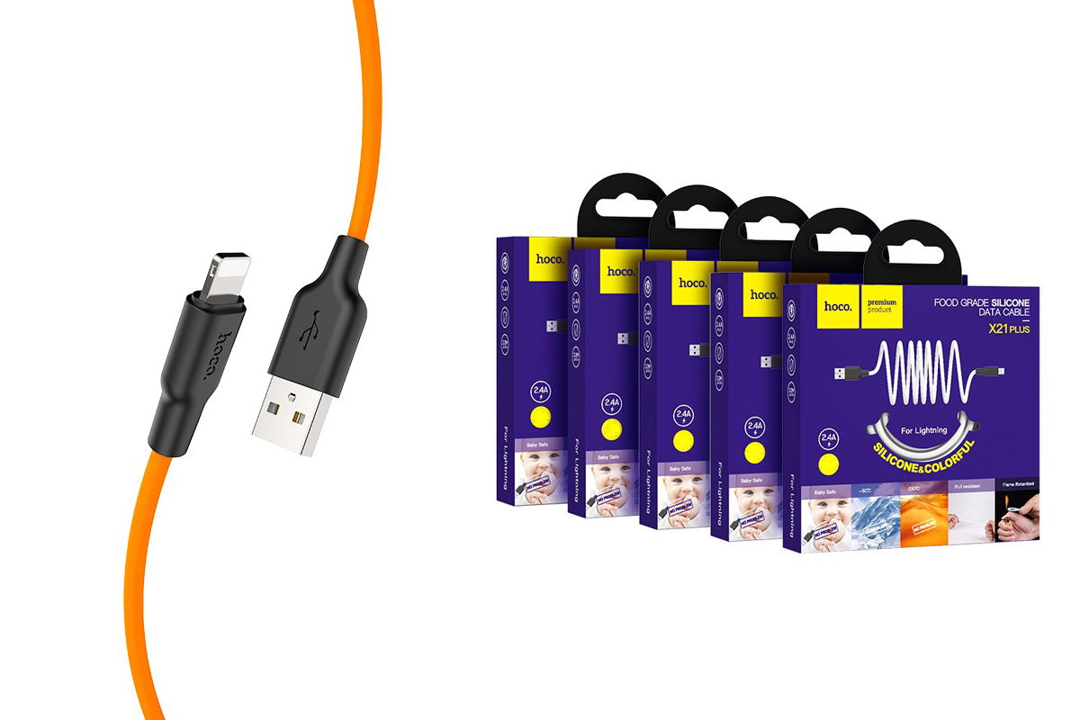 Кабель для iPhone HOCO X21 Plus Silicone charging cable for Lightning 1м черно-оранжевый