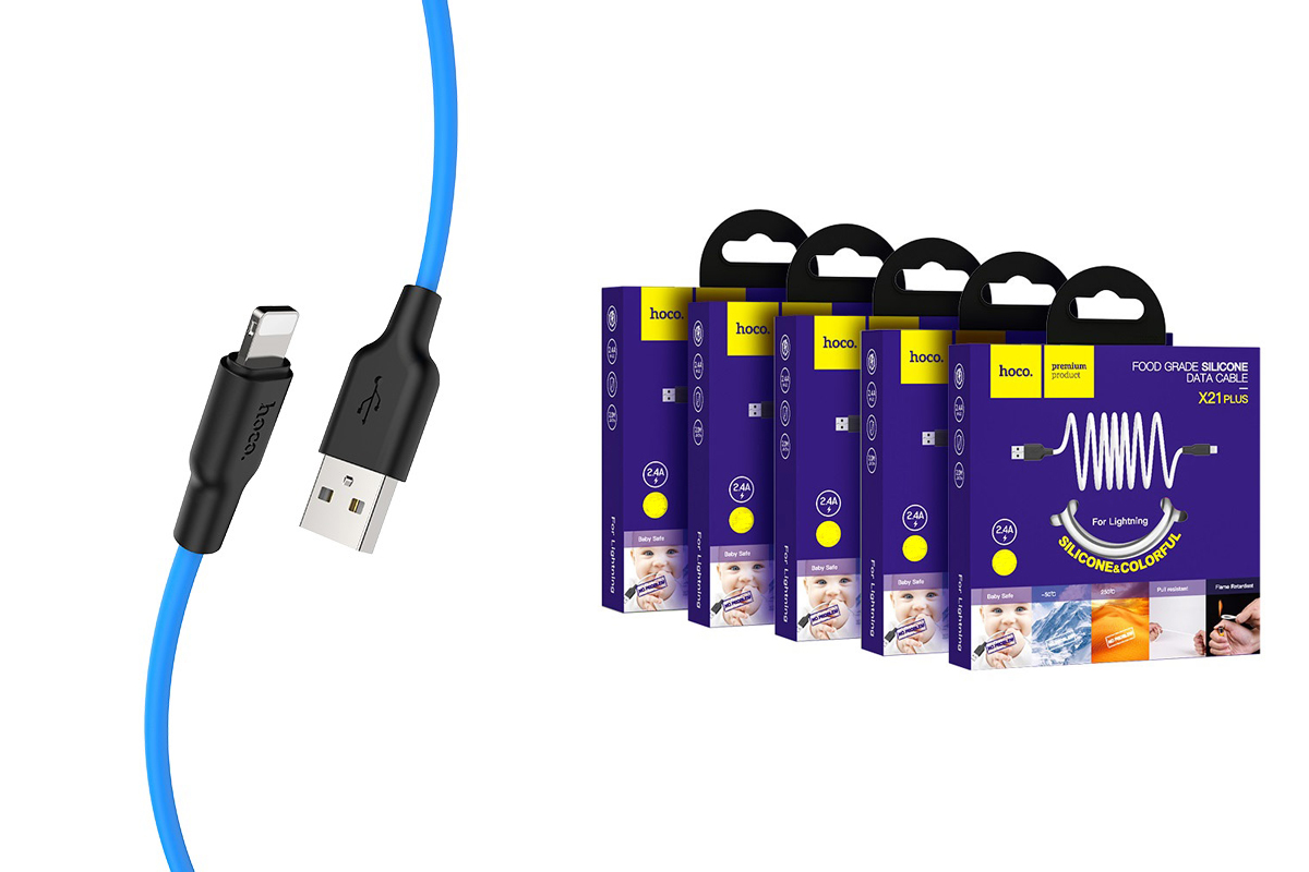 Кабель для iPhone HOCO X21 Plus Silicone charging cable for Lightning 1м черно-синий