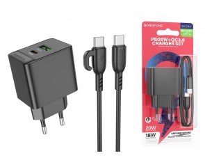 Сетевое зарядное устройство USB+USB-C + кабель Type-C-Type-C BOROFONE BAS14A Erudite PD20W + QC3.0 (черный)