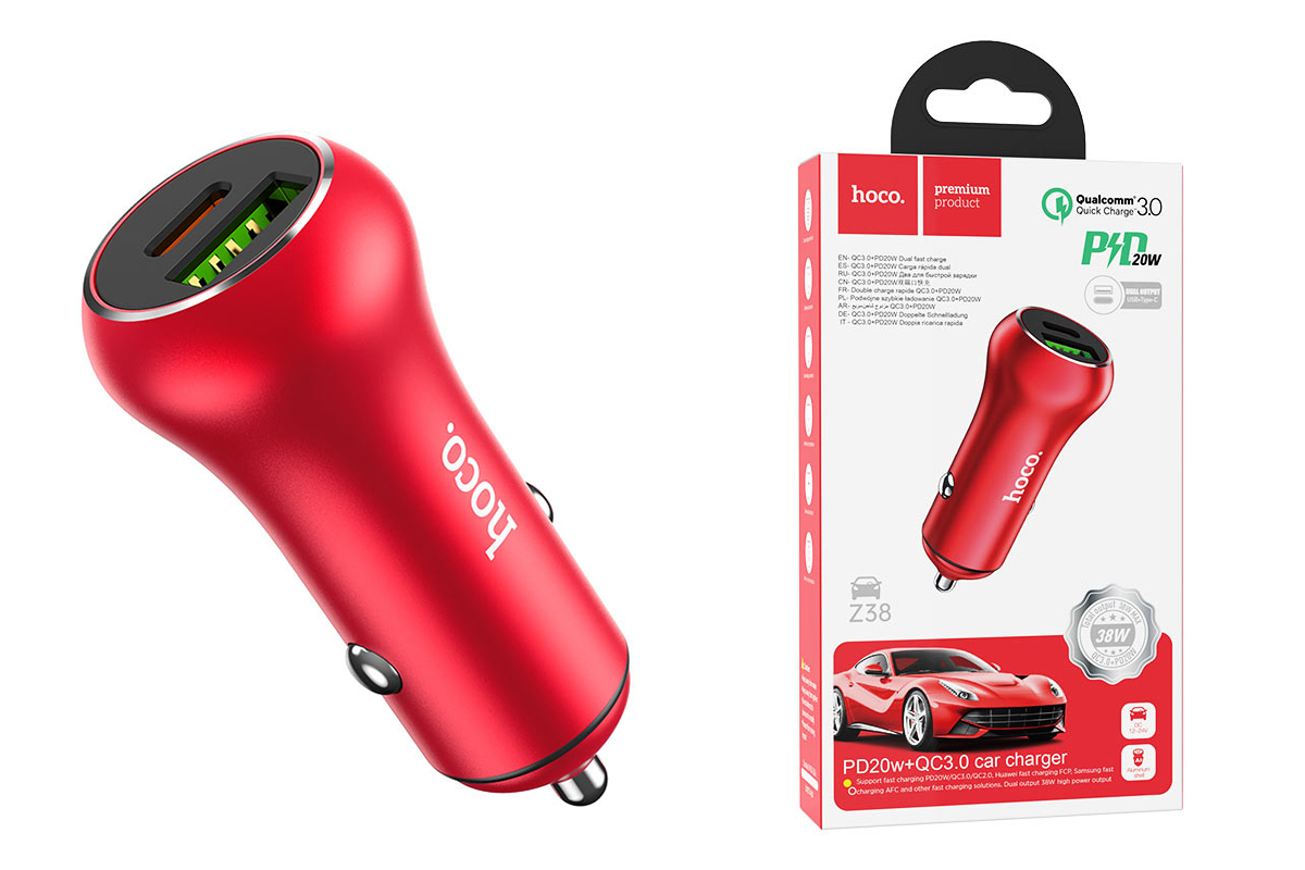 Автомобильное зарядное устройство USB+Type-C HOCO Z38 Resolute PD20W+QC3.0 car charger красный