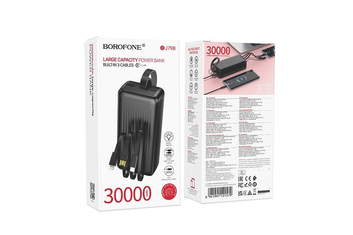 Универсальный дополнительный аккумулятор Power Bank BOROFONE BJ79B Clever with 3 cables (30000mAh) (черный)