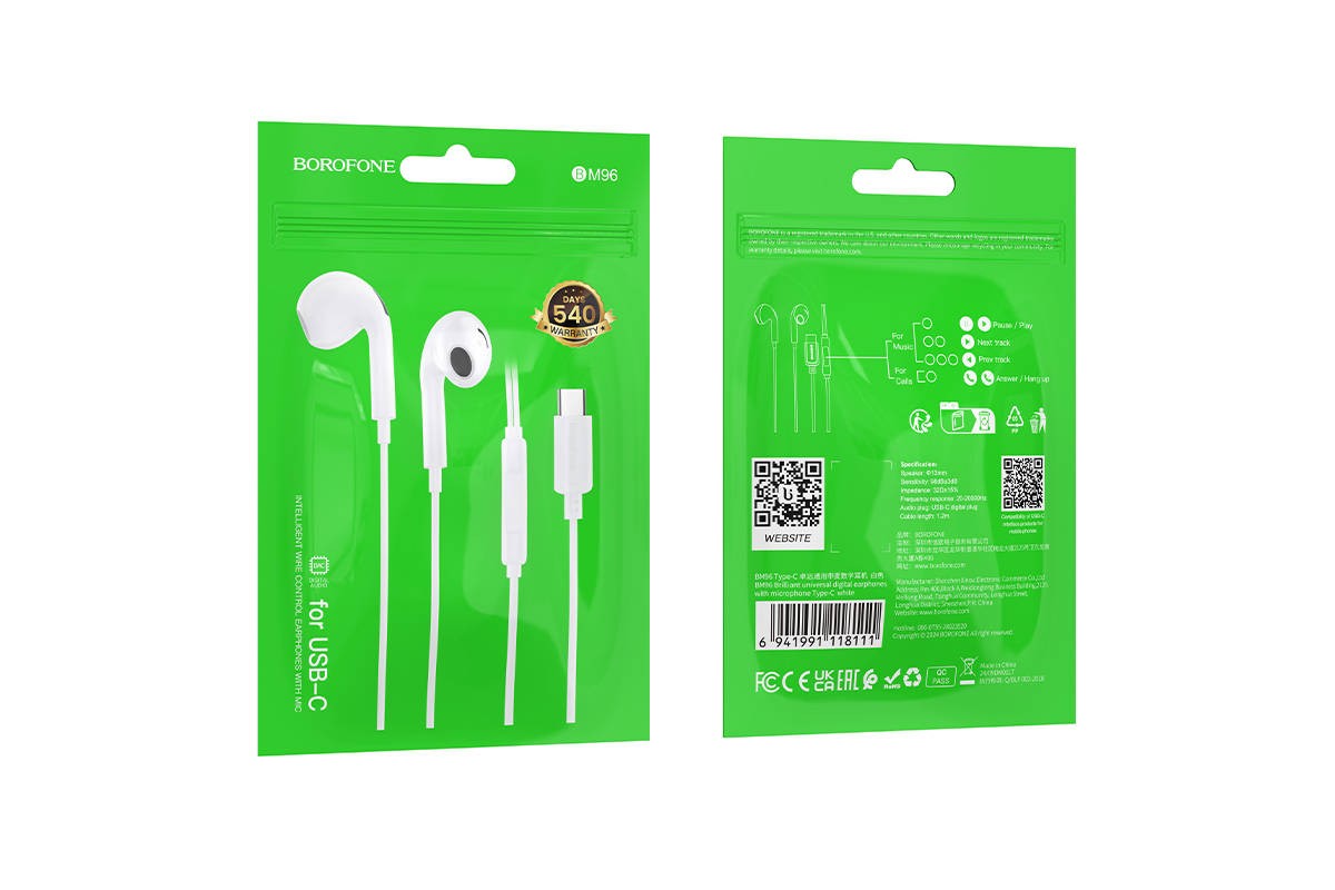 Наушники вакуумные проводные BOROFONE BM96 Brilliant разъем Type-C (белый)
