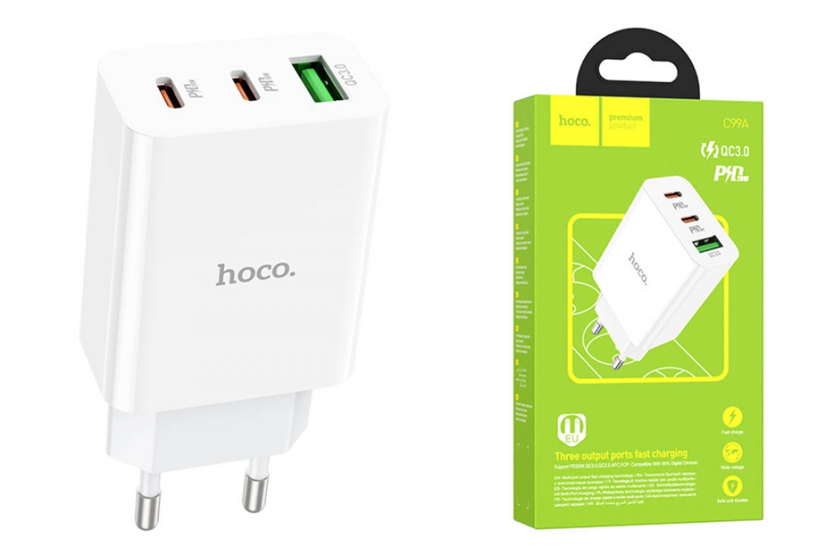 Сетевое зарядное устройство 2USB-C + USB HOCO C99A PD 20W+QC3.0 (белый)